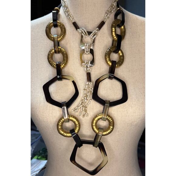Two Necklace Chunky Acrylic Boho Ribbon and Seed Bead Mother of Pearl Y Drop - Picture 1 of 15
